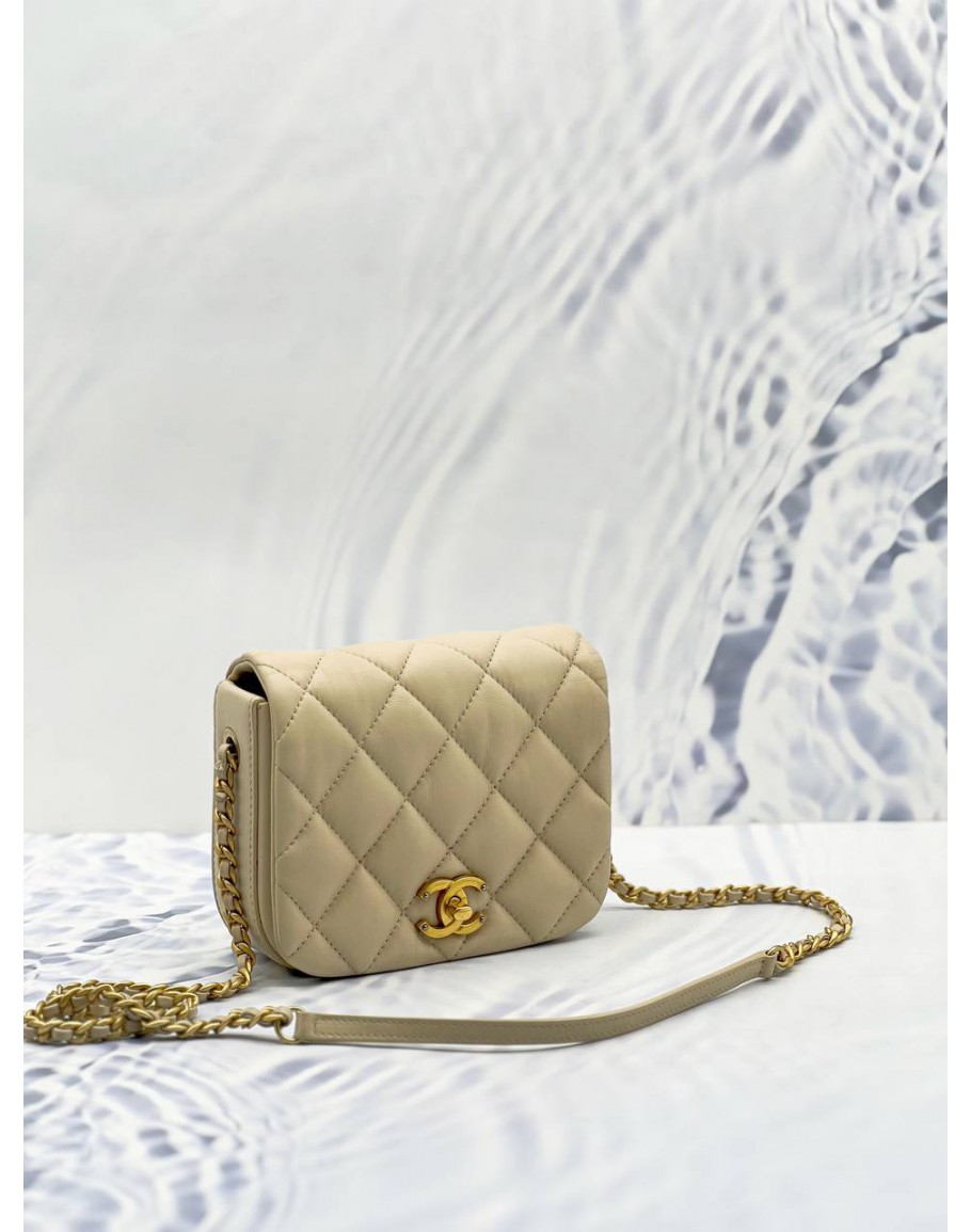 CHANEL SINGLE FLAP SLING BAG IN BEIGE LAMBSKIN LEATHER GHW